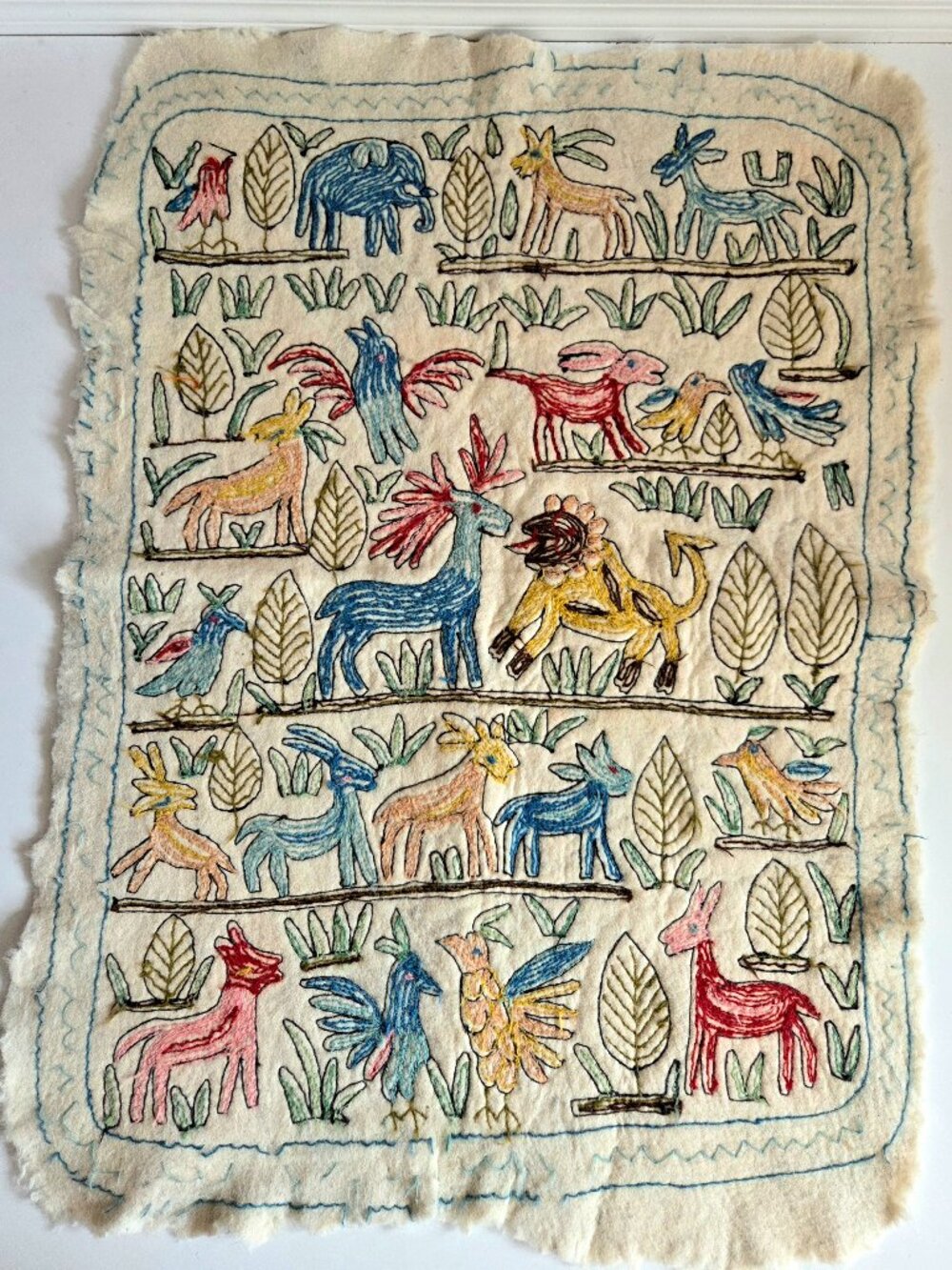 Hand Embroidered Kashmiri Namda Felted Wool Rug Whimsical Animals Motifs.